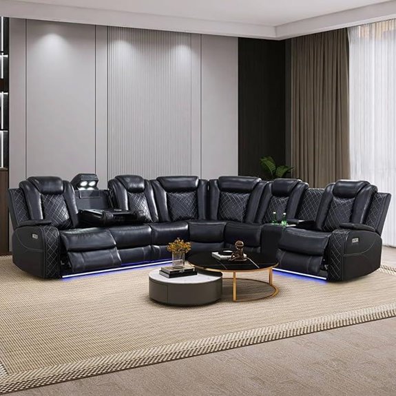 Black Leather Reclining Sectional Sofa with LED Lights