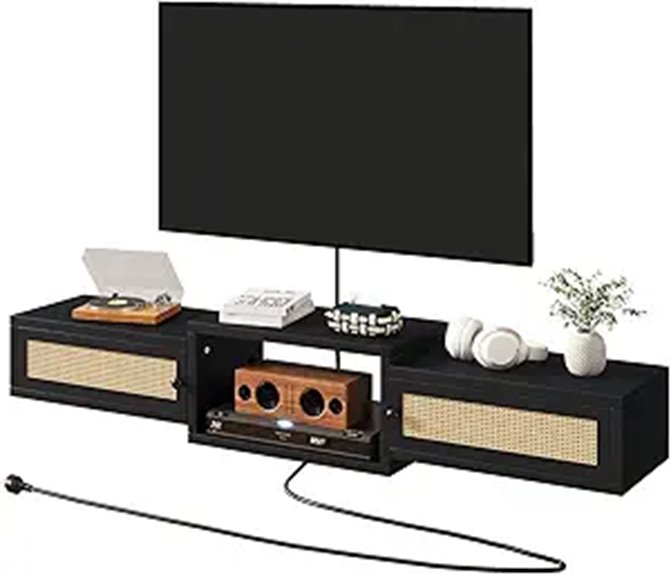 IBUYKE Wall-Mounted Rattan TV Stand for Up to 55 Inches